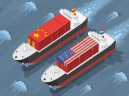A picture of US and China flag as ships.