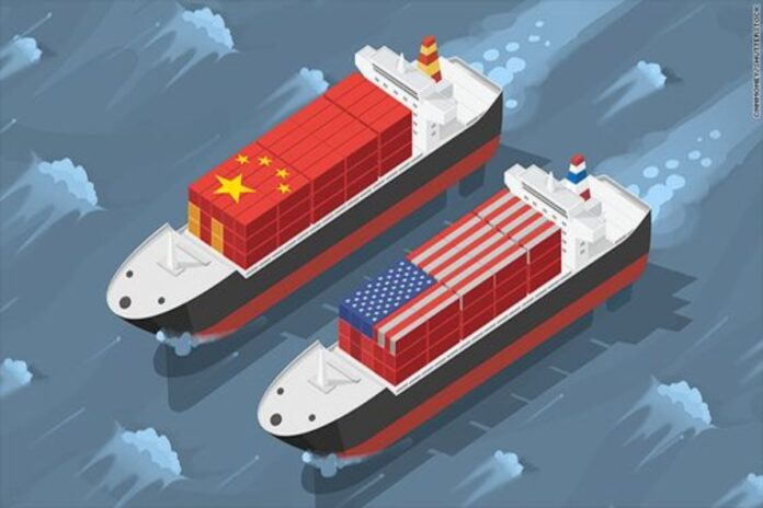 A picture of US and China flag as ships.