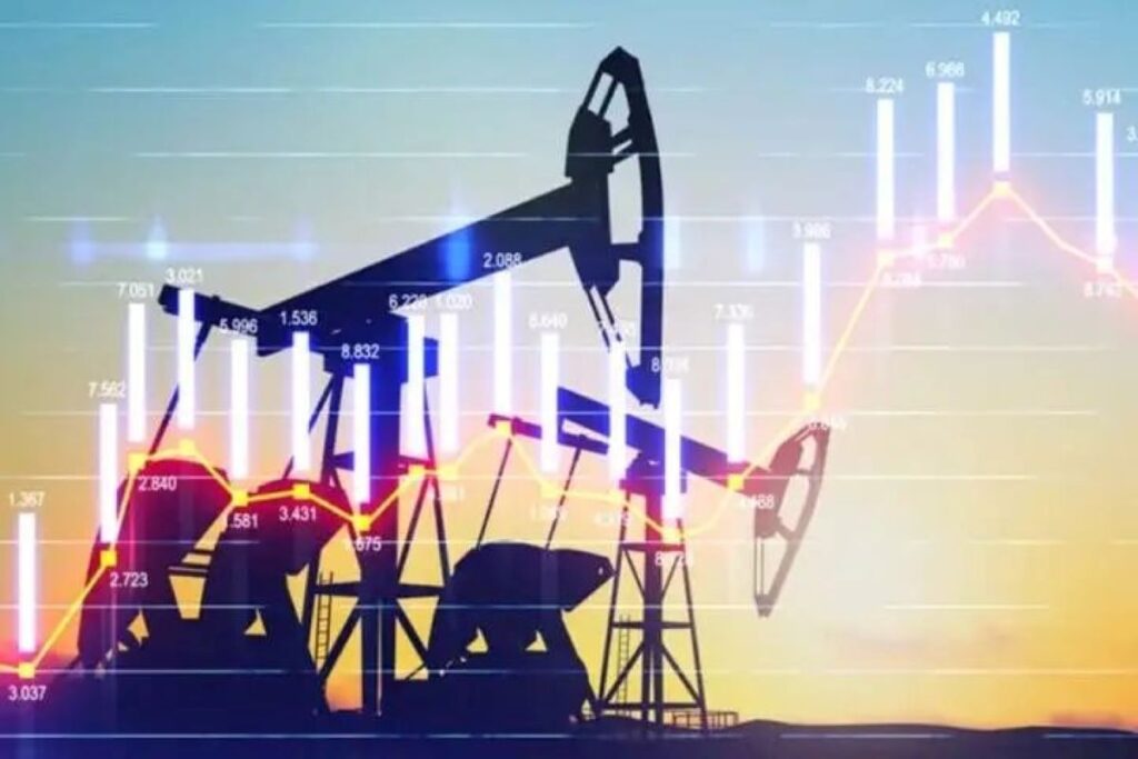 A chart revealing a pump in prices with an oil rig silhouetted in the background