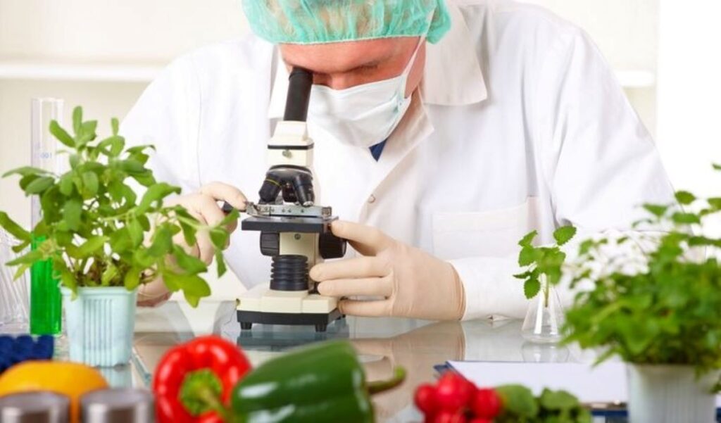 A food scientist looking through a microscope