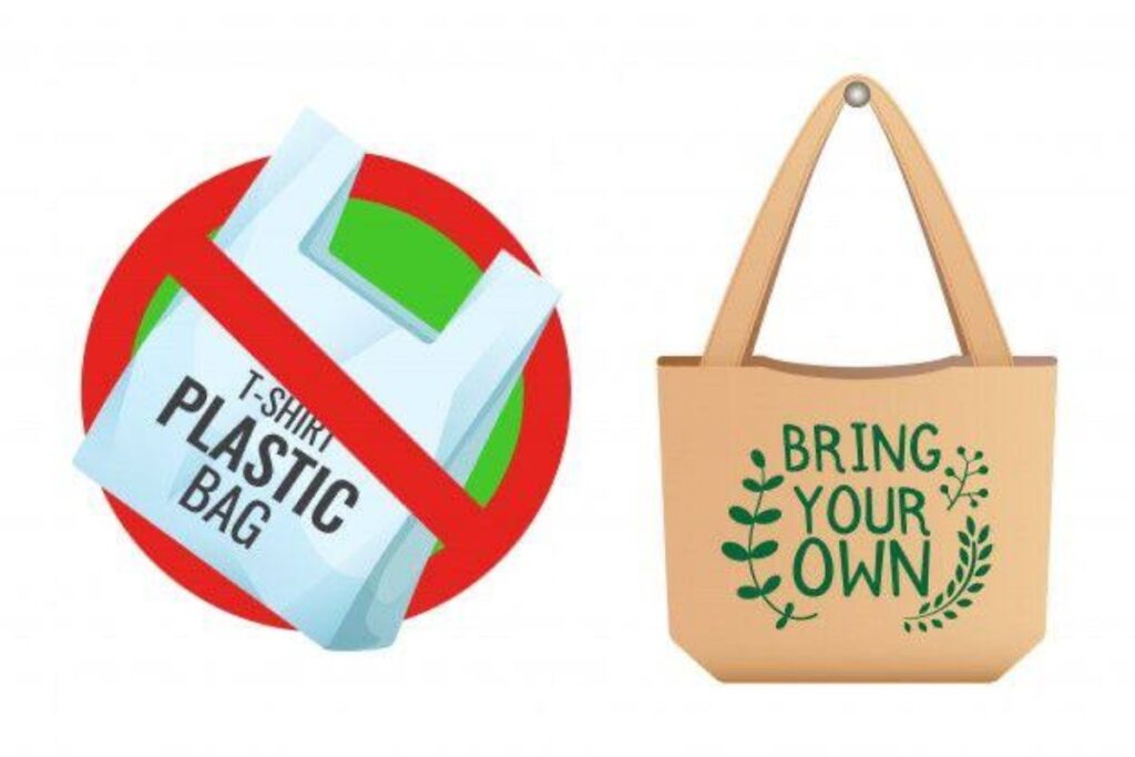 A picture of a plastic bag and a reusable bag 