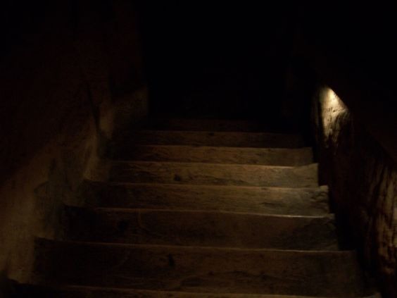 A staircase leading a dark basement