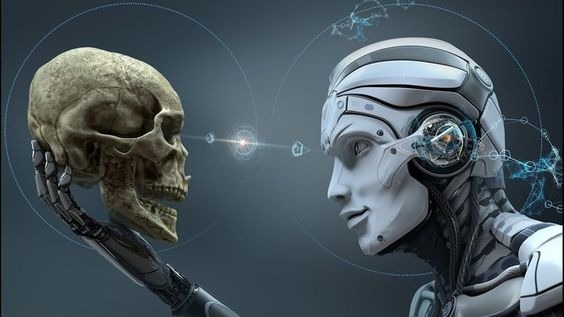 An AI robot holding a human skull