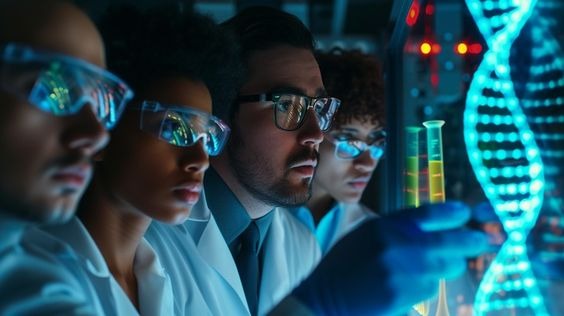 Focused scientists examining a DNA model in a high-tech laboratory