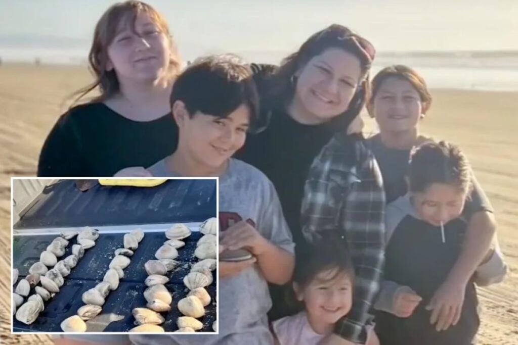 A picture of Charlotte Russ and her children and the clams.