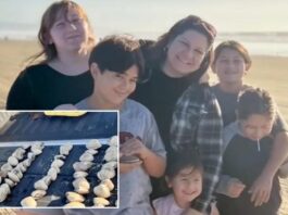 A picture of Charlotte Russ and her children and the clams.