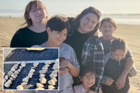 A picture of Charlotte Russ and her children and the clams.