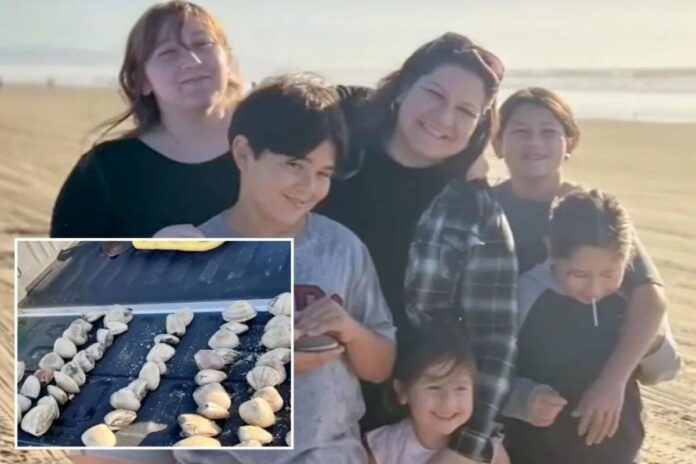 A picture of Charlotte Russ and her children and the clams.