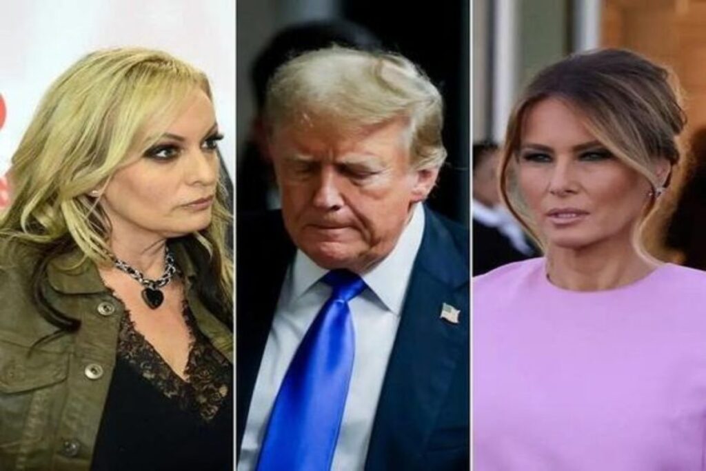 A picture of Donald Trump, Stormy Daniels and Melania Trump