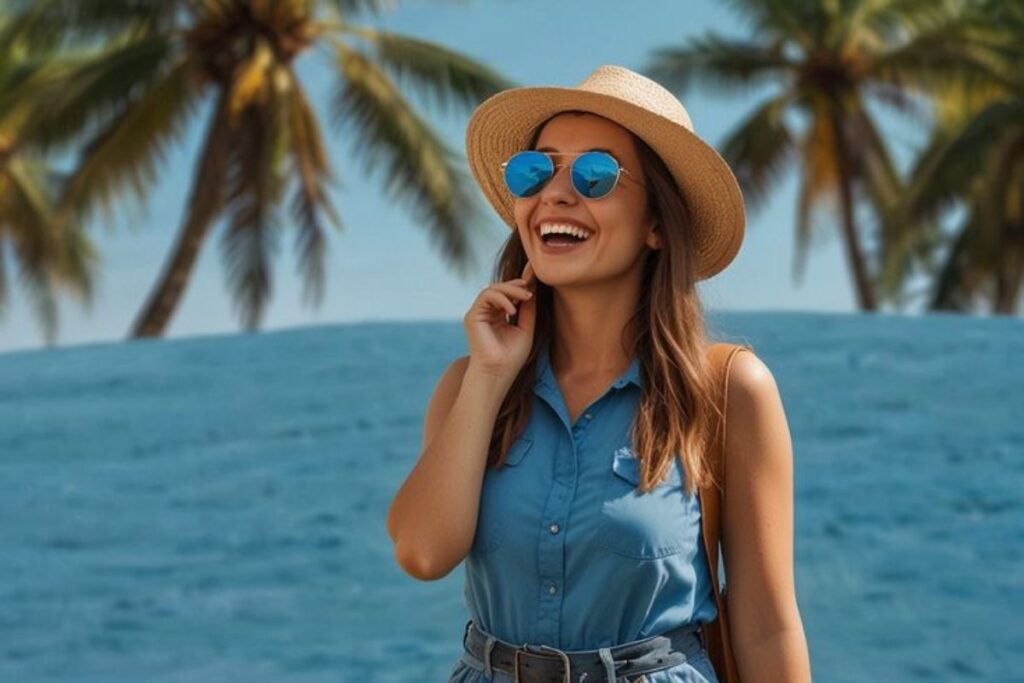 Woman wearing a hat and sunglasses
