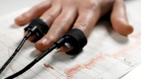 The hand of a person taking a polygraph test