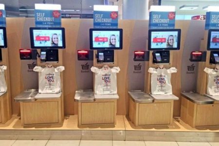 Self-checkout machines in a store