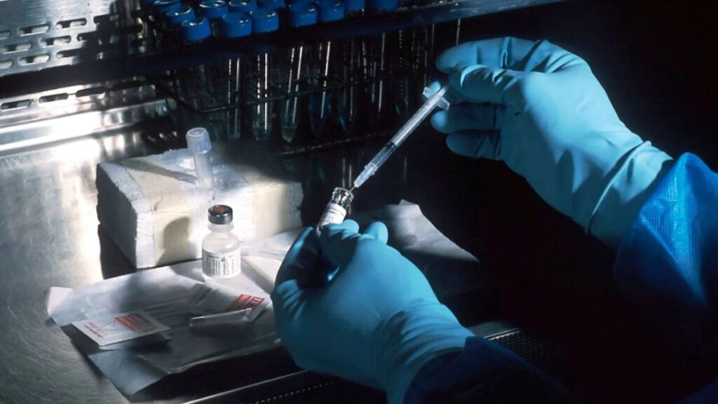 A person wearing blue gloves. They are testing drugs with a syringe.