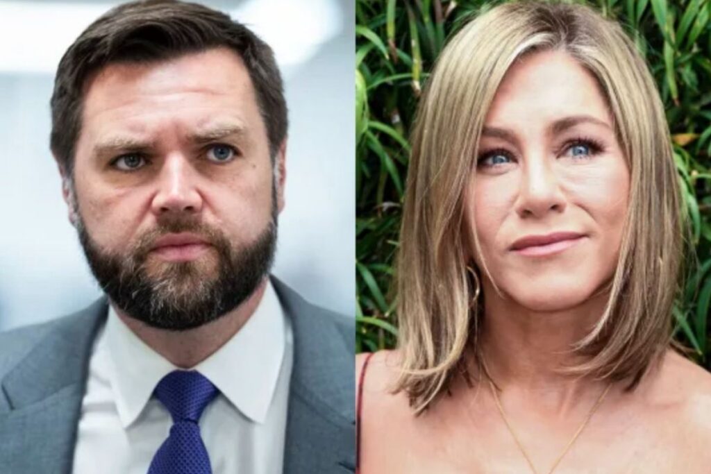 A collage of Jennifer Aniston and J.D. Vance.