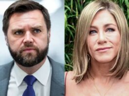 A collage of Jennifer Aniston and J.D. Vance.