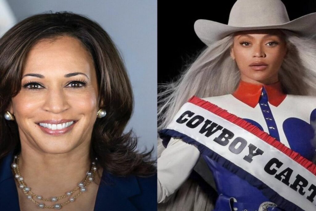 A collage of Kamala Harris and Beyoncé.