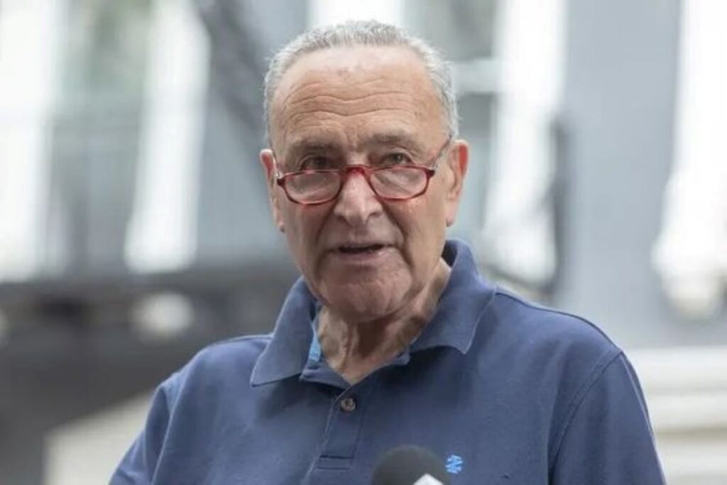 Chuck Schumer in a T-shirt giving a speech