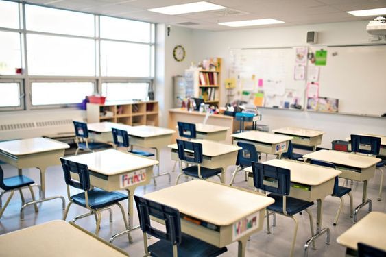 An empty middle-school classroom 