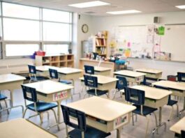 An empty middle-school classroom