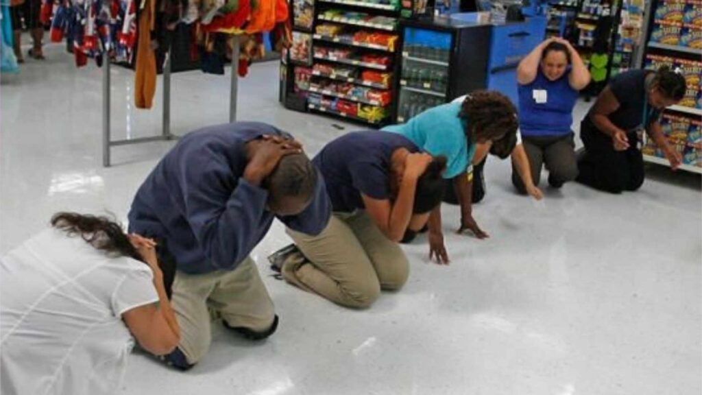 A picture of people taking cover during an earthquake