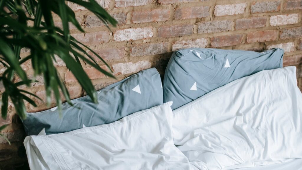 Interior of cozy bedroom with potted plants
