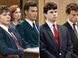 A collage of the Menendez brothers and a clip from neflix show "Monster"