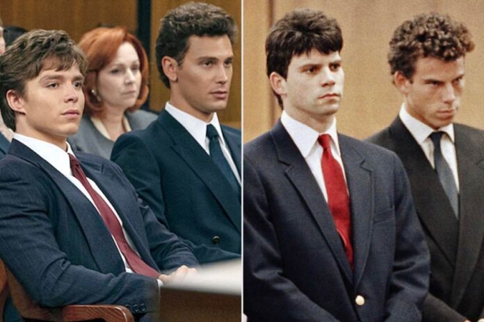 A collage of the Menendez brothers and a clip from neflix show 