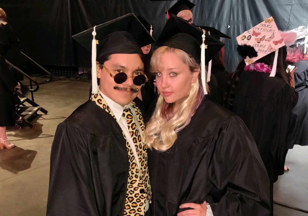 A picture of Amanda Bynes and a friend at her FIDM graduate