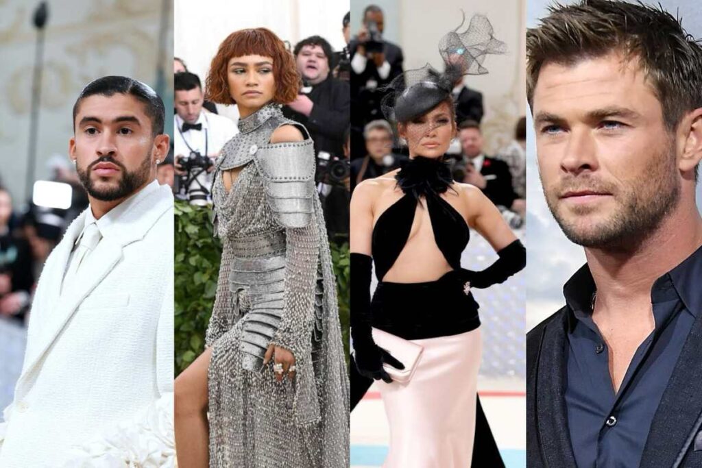 A collage of Bad Bunny, Zendaya, Jennifer Lopez and Chris Hemsworth