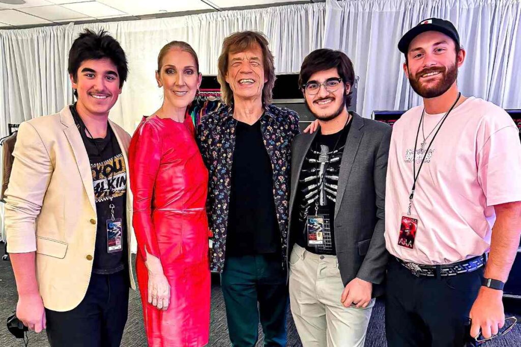 A picture of Céline Dion and her sons with Mick Jagger