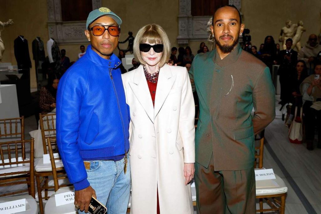 A picture of Lewis Hamilton, Pharrell Williams, and Anna Wintour