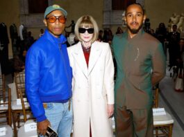 A picture of Lewis Hamilton, Pharrell Williams, and Anna Wintour