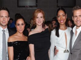 A picture of Meghan Markle, Gina Torres, Sarah Rafferty, Patrick J. Adams and Gabriel Macht