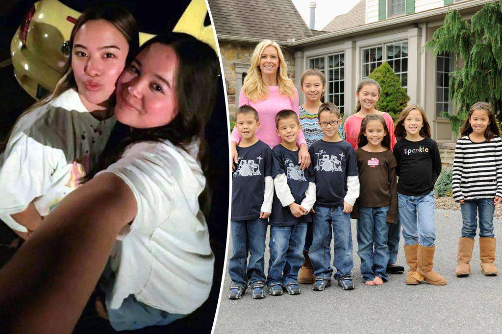 A collage of shots; one shwing Kate posing with her kids and the other of two of her girls hanging out