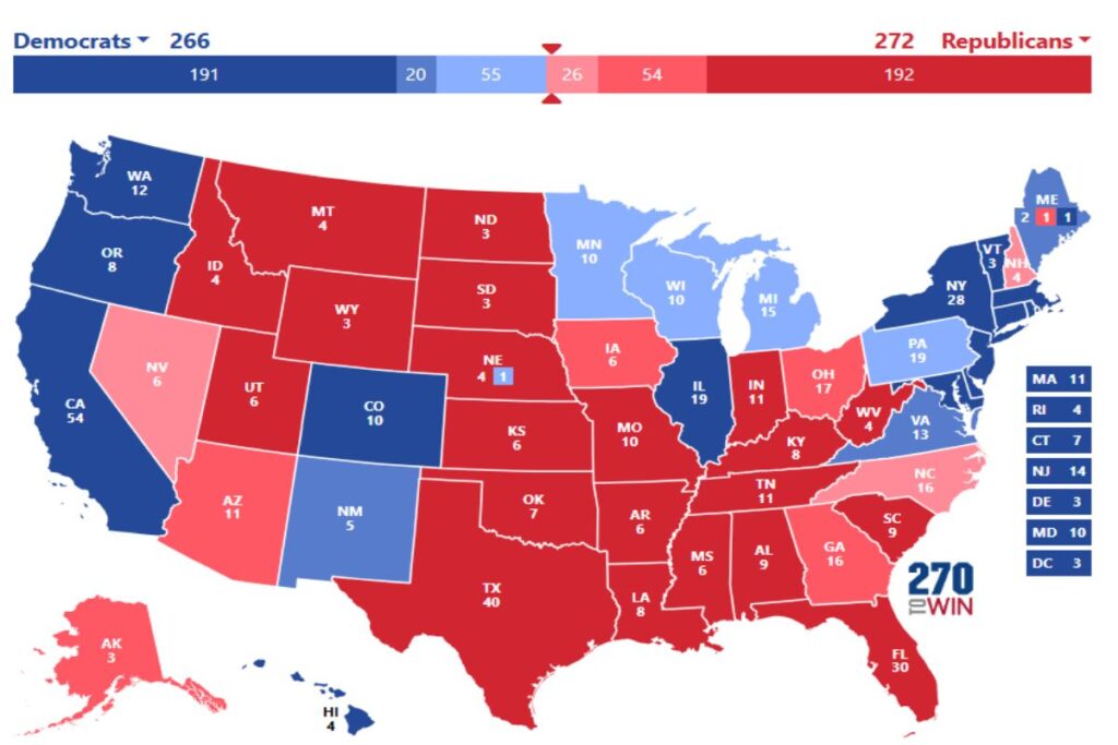 A picture of a USA map highlighting the presidential election poll.