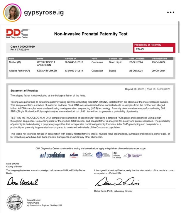 A picture of Gypsy Rose Blanchard's DNA test result.