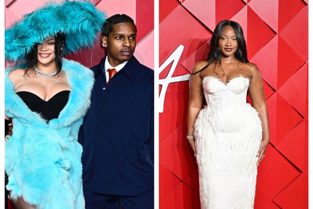 A collage of Rihanna ASAP Rocky and Tems at British Fashion Awards