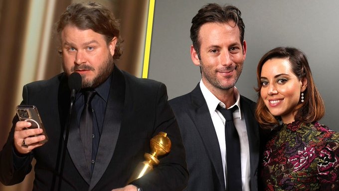 A collage of a photo of Plaza and Baena and a shot of Filmmaker Brady Corbet with his award