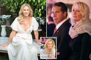 A collage of shots; one shows Sandra Lee dressed in a white gown and the other shows her with Andrew Cuomo