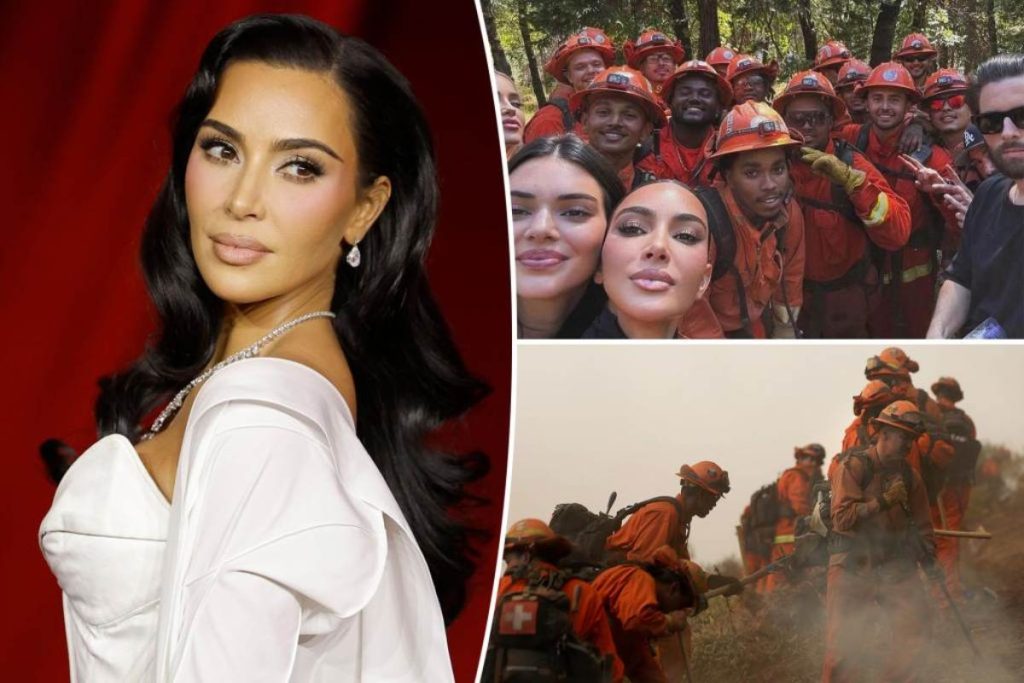 A picture of Kim Kardashian and fire fighters