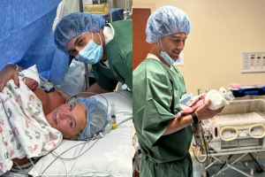Madison LeCroy and her husband after the birth of their baby.