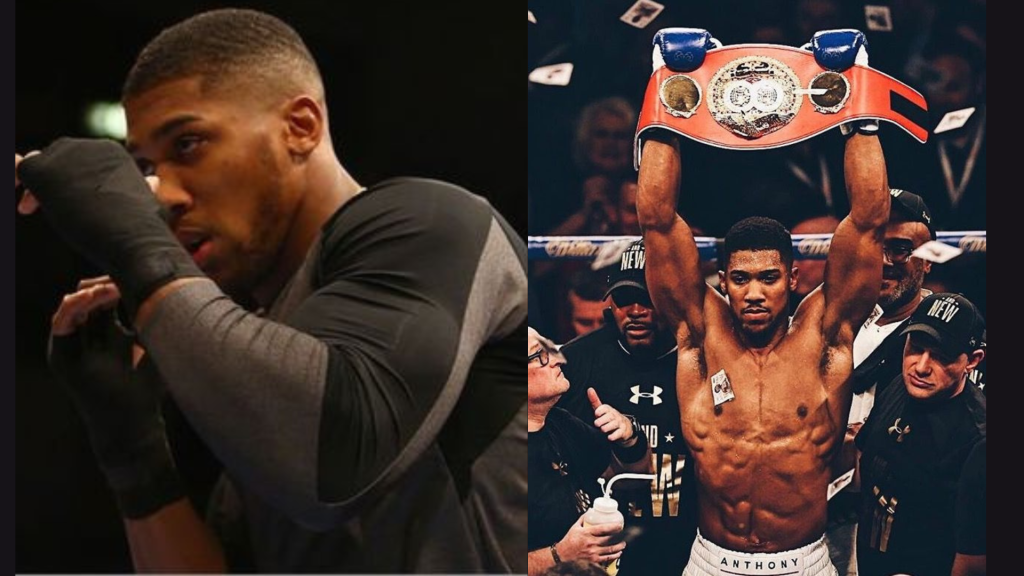 Anthony Joshua celebrating a win after a boxing match
